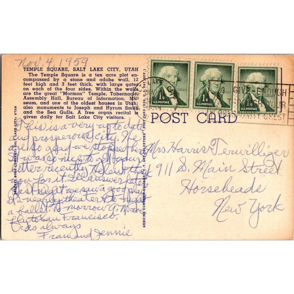 Vintage 1959 Temple Square Salt Lake City Postcard With 4c Lincoln‎ Stamps